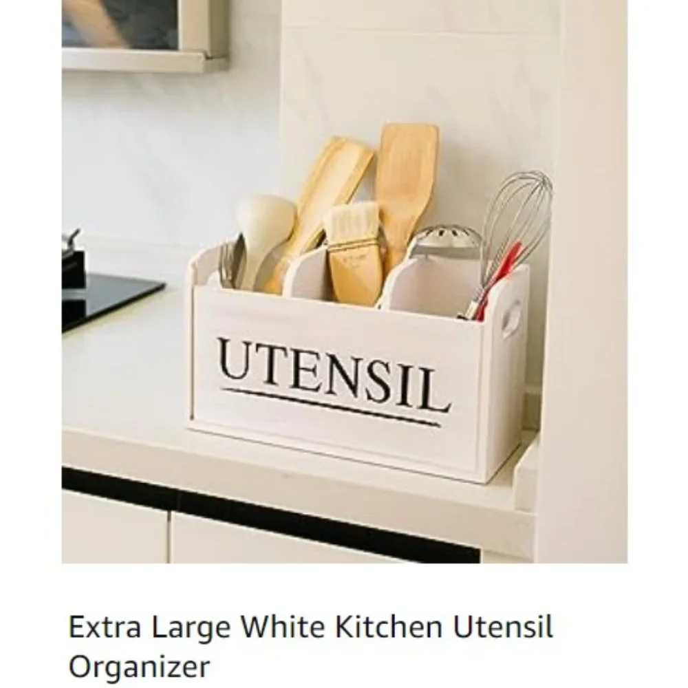 XL Farmhouse White Wooden Kitchen Utensil Holder - Cooking Utensil Organizer